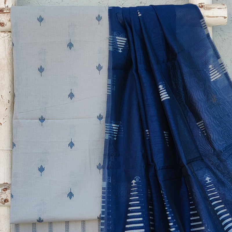 TANISHKA-Pure Cotton Handloom Grey With Blue Intricate Design Top And Grey Blue Stripes Bottom  And Cotton Jamdani Dupatta