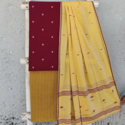 AAKASHI-Pure Cotton Handloom Maroon With Cream Polka Dots Top And Mustard Stripes Bottom And Cotton Jamdani Dupatta
