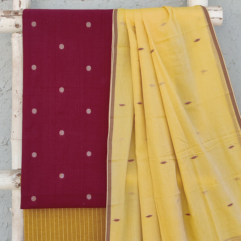 AAKASHI-Pure Cotton Handloom Maroon With Cream Polka Dots Top And Mustard Stripes Bottom And Cotton Jamdani Dupatta
