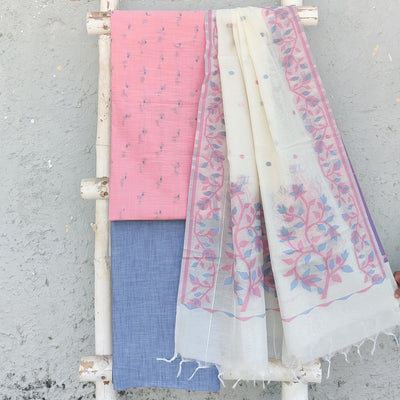 AAKASHI-Pure Cotton Handloom Pink With Blue Dots Top And Plain Blue Bottom And Chanderi Jamdani Dupatta