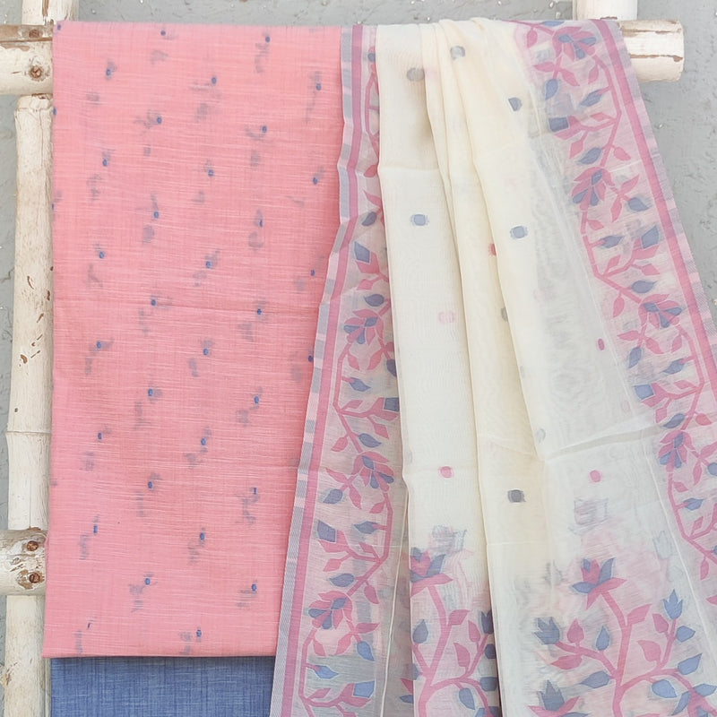 AAKASHI-Pure Cotton Handloom Pink With Blue Dots Top And Plain Blue Bottom And Chanderi Jamdani Dupatta
