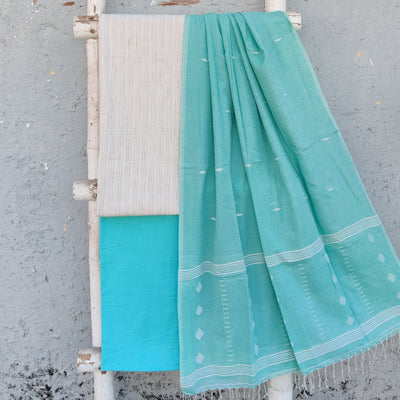 AAKASHI-Pure Cotton Handloom White With Light Brown Stripes Top And Plain Blue And Cotton Jamdani Dupatta