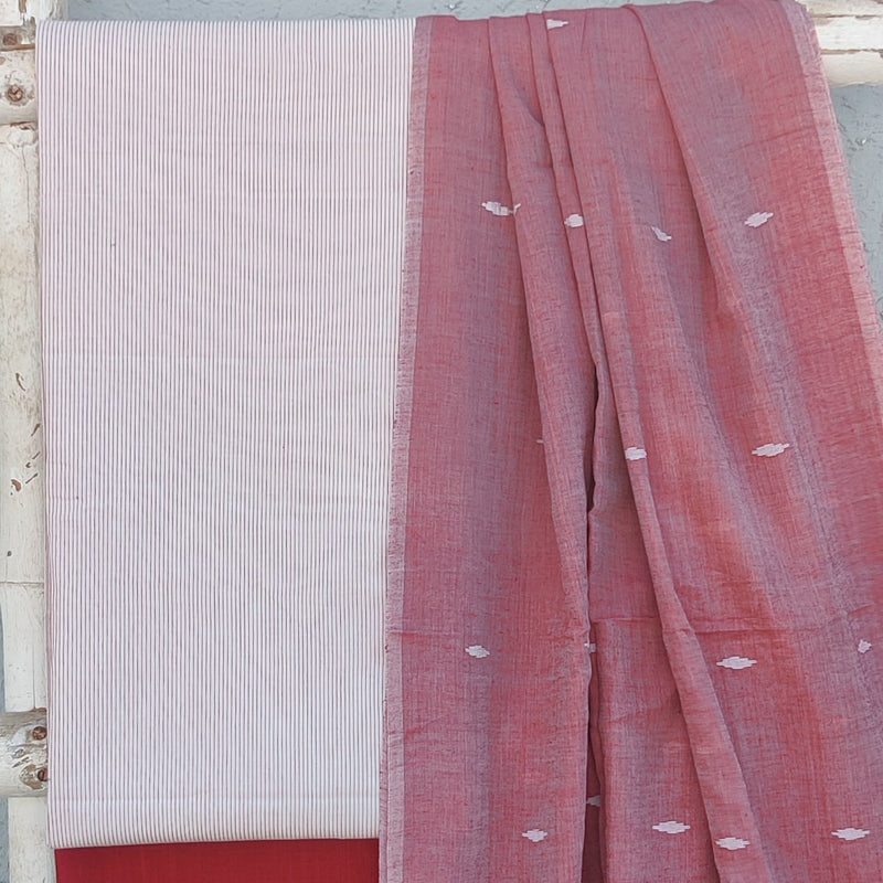 AAKASHI-Pure Cotton Handloom White With Red Stripes Top And Plain Red Cotton Bottom And Cotton Jamdani  Dupatta