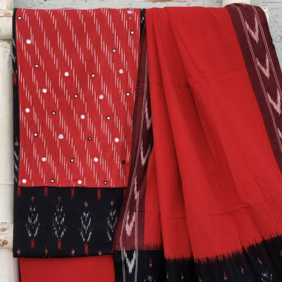 AARA-Pure Cotton Ikkat Black  With Red Emboriderey Yoke And Red Plain Botton And Ikkat Black Dupatta Everyday Wear Suit