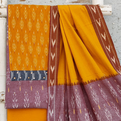 AARA-Pure Cotton Ikkat Chicku With Mustard Yoke Intricate Design And Mustard Plain Bottom And Ikkat Chicku Brown With Mustard Dupatta Everyday Wear Suit