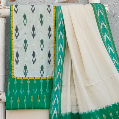 AARA-Pure Cotton Ikkat Green With Cream  And Grey Flower Motif With Yellow Border Yoke And Cream Plain Bottom And Ikkat Green And Cream Dupatta Everyday Wear Suit