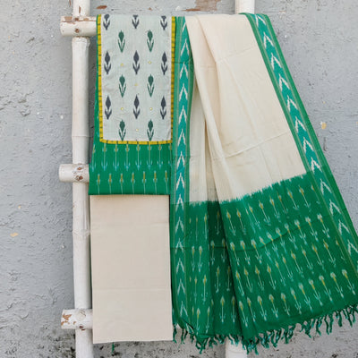 AARA-Pure Cotton Ikkat Green With Cream  And Grey Flower Motif With Yellow Border Yoke And Cream Plain Bottom And Ikkat Green And Cream Dupatta Everyday Wear Suit