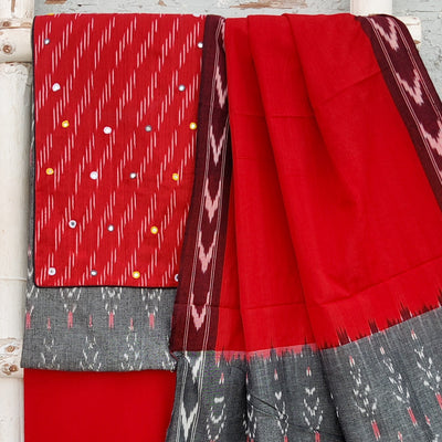 AARA-Pure Cotton Ikkat Grey With Red Emboriderey Yoke And Red Plain Botton And Ikkat Dupatta Everyday Wear Suit