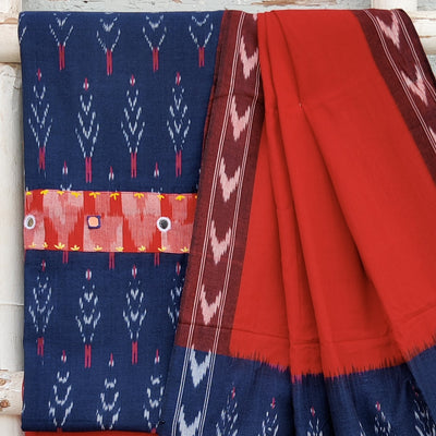 AARA-Pure Cotton Ikkat Navy Blue And Red With Emboriderey Small Yoke And Plain Red Bottom And Ikkat Red And Navy Blue Dupatta Everyday Wear Suit