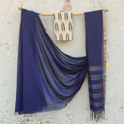 AARADHYA-Mercerised Cotton Blue With Silver Border Saree