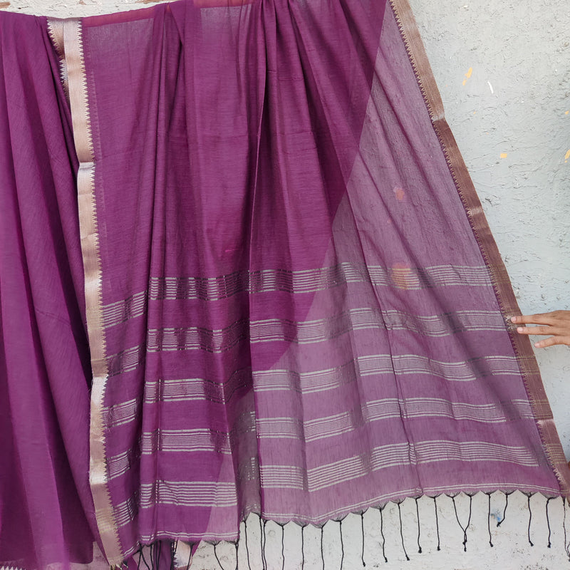 AARADHYA-Mercerised Cotton Purple With Silver Border Saree