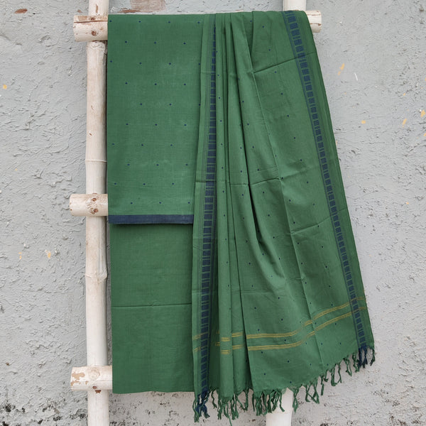 KAAMINI - Pure Cotton South Handloom Butti Fabric With South Cotton Bottom And Dupatta Olive