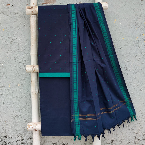 KAAMINI - Pure Cotton South Handloom Butti Fabric With South Cotton Bottom And Dupatta Teal Blue