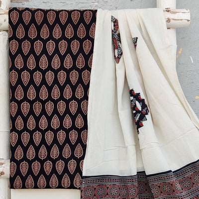 AARNA-Pure Cotton Ajrak Black With Cream Leaves Motif Top With Plain Cream Bottom And Cotton Dupatta