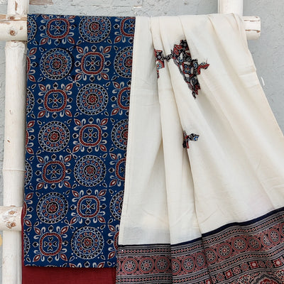 AARNA-Pure Cotton Ajrak Blue With Rust Motif Top With Plain Rust Bottom And Cotton Dupatta