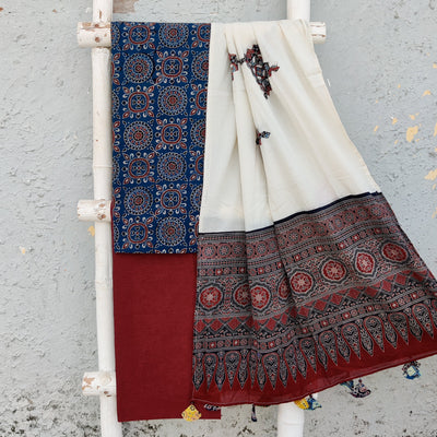 AARNA-Pure Cotton Ajrak Blue With Rust Motif Top With Plain Rust Bottom And Cotton Dupatta