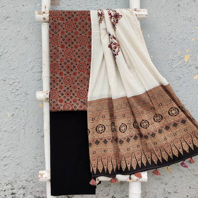 AARNA-Pure Cotton Ajrak Brown  Top With Plain Bottom And Cotton Dupatta