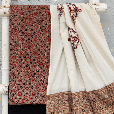 AARNA-Pure Cotton Ajrak Brown  Top With Plain Bottom And Cotton Dupatta
