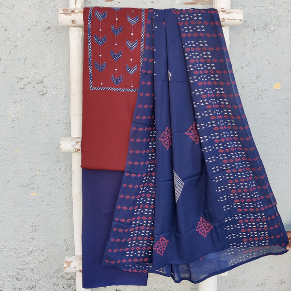 AAROHA-Pure Cotton Maroon With Intricate Design Yoke Top And Blue Bottom And Cotton Dupatta