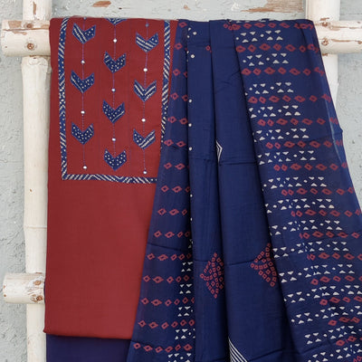 AAROHA-Pure Cotton Maroon With Intricate Design Yoke Top And Blue Bottom And Cotton Dupatta