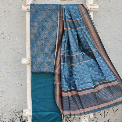 AARVI- Cotton Slik Blue Intricate Design Top And Rayon Blue Bottom And Cotton Slik Dupatta