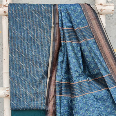 AARVI- Cotton Slik Blue Intricate Design Top And Rayon Blue Bottom And Cotton Slik Dupatta