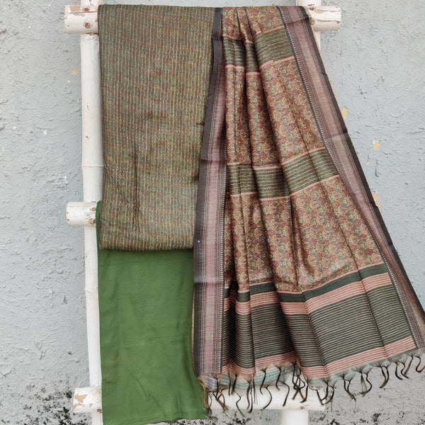 AARVI- Cotton Slik Green Intricate Design Top And Rayon Green  Bottom And Cotton Slik Dupatta