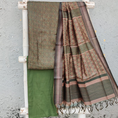 AARVI- Cotton Slik Green Intricate Design Top And Rayon Green  Bottom And Cotton Slik Dupatta