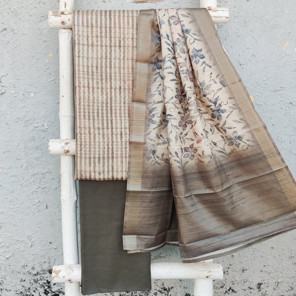 AARVI- Cotton Slik Off White Intricate Design Top And Rayon Dark Brown Bottom And Cotton Slik Dupatta