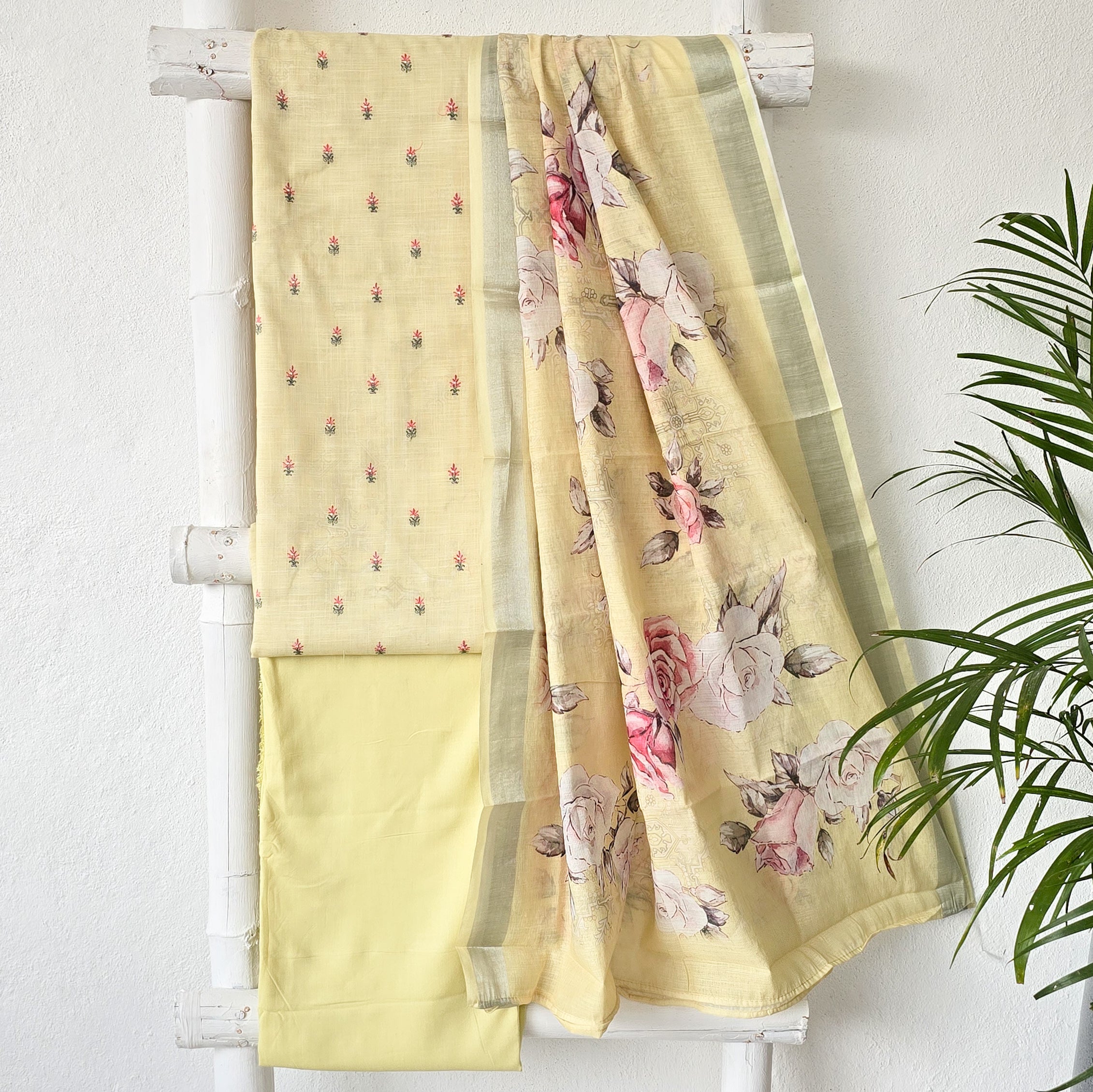 AARVI-Pure Cotton Handloom Light Yellow With Pink Flower Motif Suit ...