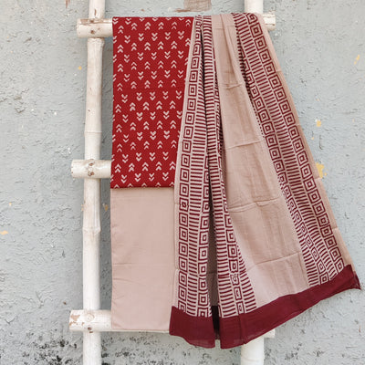 AASAWARI-Pure Cotton Maroon With White Arrow Top And Plain Cream Bottom And Cotton Dupatta