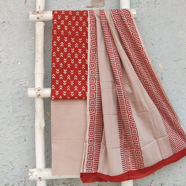 AASAWARI-Pure Cotton Orange With White Arrow Top And Plain Cream Bottom And Cotton Dupatta