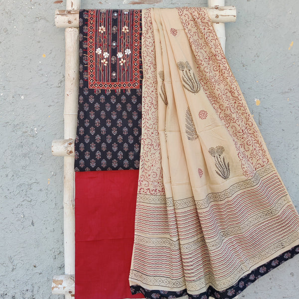 AASHVI-Pure Cotton Ajrak Black With Intricate Design Yoke Top And Red Plain Bottom And Cream Dupatta
