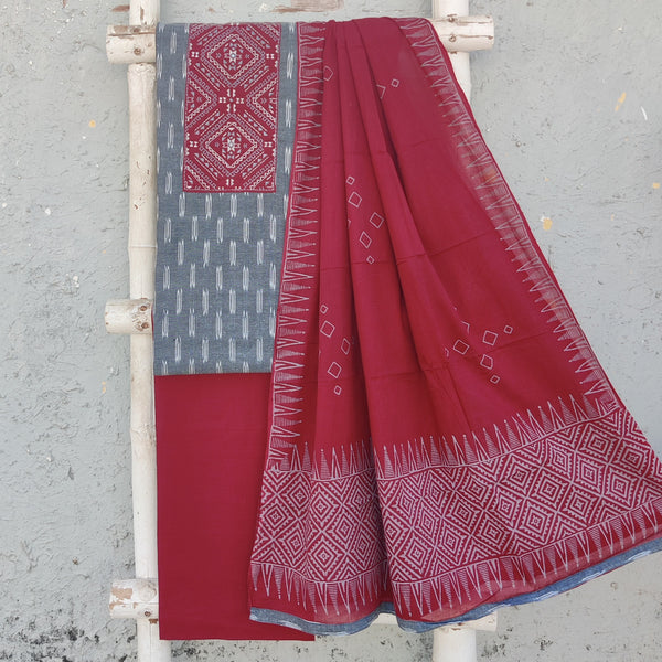 AASHVI-Pure Cotton Ikkat Grey With Maroon Yoke Top And Plain Maroon Bottom And Cotton Dupatta