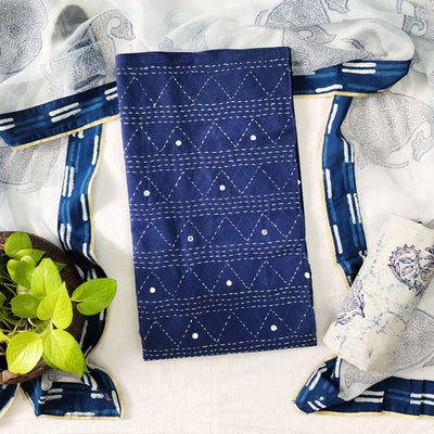 AASHVI-Pure Cotton Navy Blue With Mirror Work Top And Indigo Cotton Big Flower Motif Bottom And Chiffion Dupatta