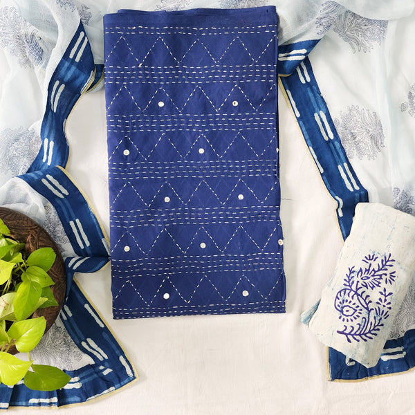 AASHVI-Pure Cotton Navy Blue With Mirror Work Top And Indigo Cotton Bottom And Chiffion Dupatta