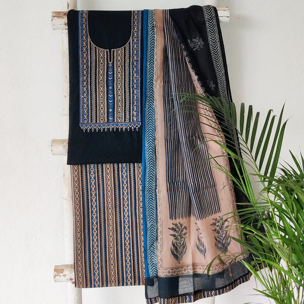 AASHVI-Pure Cotton Plain With Kalamkari Yoke Top And Blue With Cream Kalamkari Pure Cotton Bottom And Kota Dori Dupatta Suit