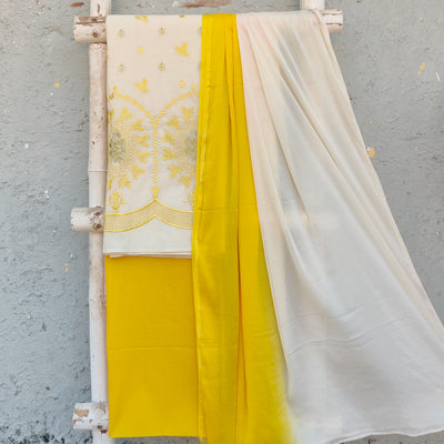 AASHVI-Pure Cotton White With Yellow Heavy Embroidery Border And Plain Bottom Yellow And Chiffon Dupatta
