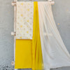 AASHVI-Pure Cotton White With Yellow Heavy Embroidery Border And Plain Bottom Yellow And Chiffon Dupatta