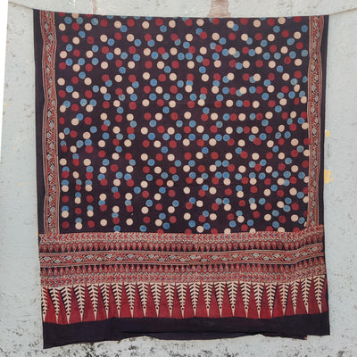 AASMA-Pure Cotton Ajrak Black And Cream And Rust Red And Blue  Dots Dupatta