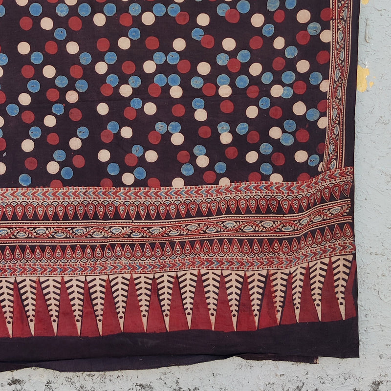 AASMA-Pure Cotton Ajrak Black And Cream And Rust Red And Blue  Dots Dupatta