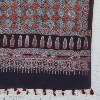 AASMA-Pure Cotton Ajrak Black With Blue And Red Intricate Design Hand Block Print Dupatta