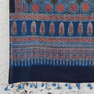 AASMA-Pure Cotton Ajrak  Blue And Red Intricate Design Hand Block Print Dupatta