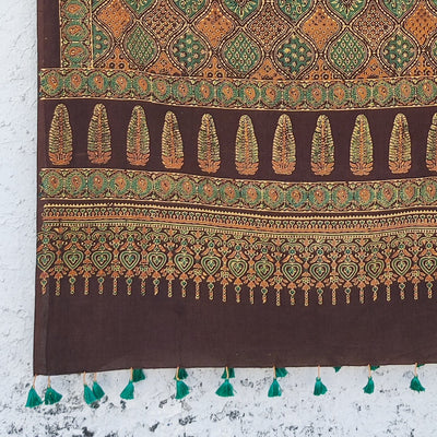 AASMA-Pure Cotton Ajrak Brown With Green And Rust Hand Block Print Dupatta