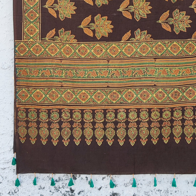 AASMA-Pure Cotton Ajrak Brown With Green Flower Motif Hand Block Print Dupatta