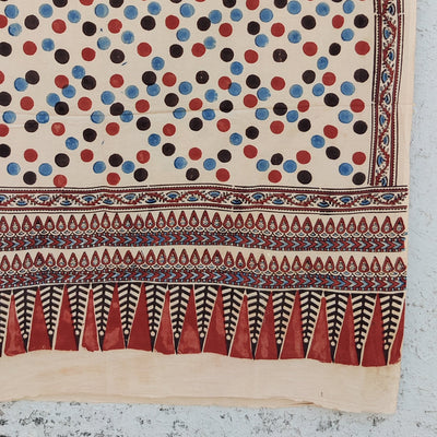AASMA-Pure Cotton Ajrak Cream And Rust Red And  Rust Blue  Dots Dupatta