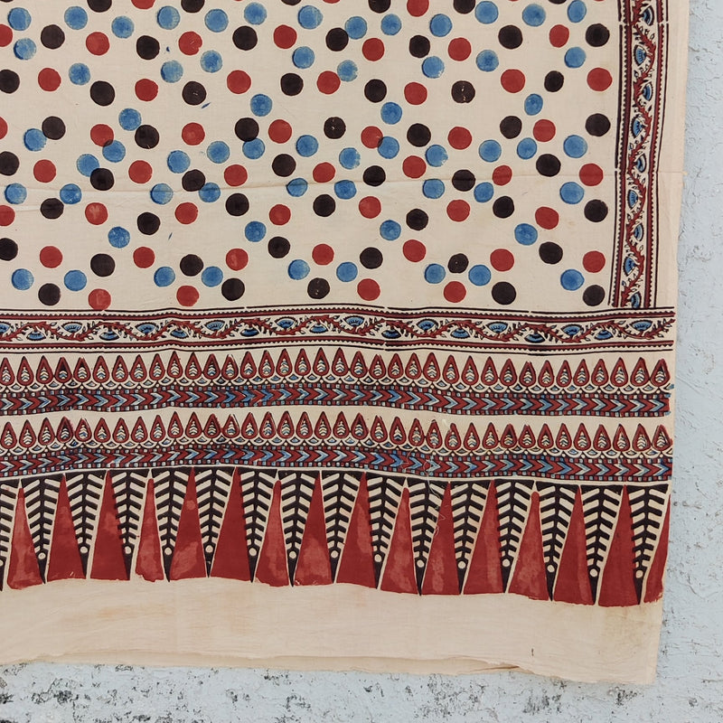 AASMA-Pure Cotton Ajrak Cream And Rust Red And  Rust Blue  Dots Dupatta