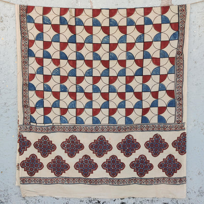 AASMA-Pure Cotton Ajrak Cream And Rust Red And Rust Blue Dupatta