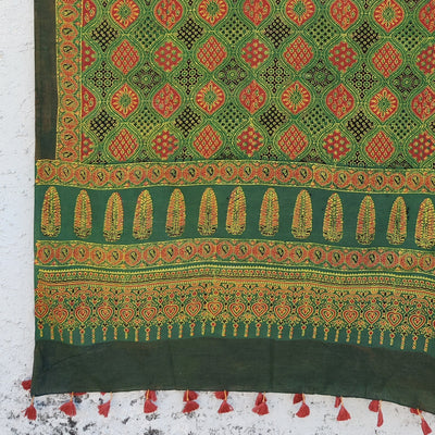 AASMA-Pure Cotton Ajrak  Green Intricate Design Hand Block Print Dupatta