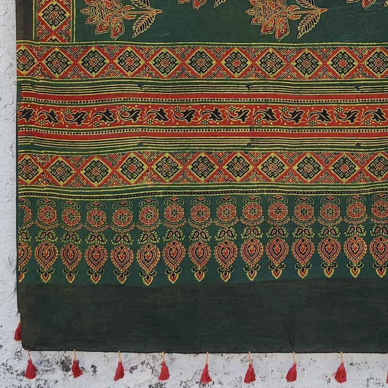 AASMA-Pure Cotton Ajrak Green With Rust Flower Motif Hand Block Print Dupatta